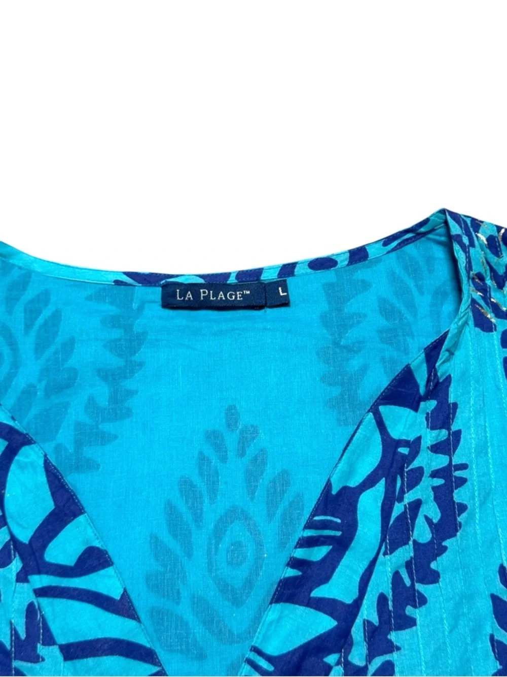 LA PLAGE Women’s Dress Large Maxi Cotton Turquoise Blue Boho Geometric Designer - Picture 2 of 11